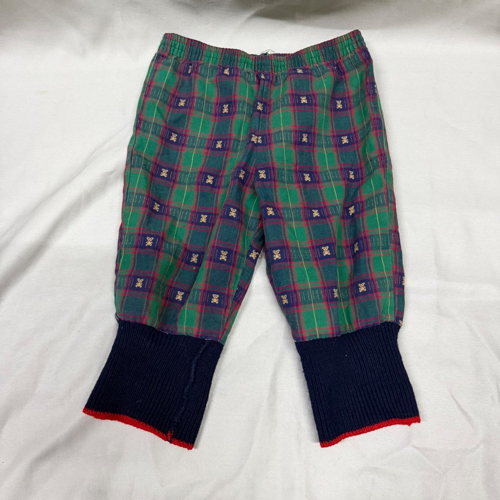 Vintage Plaid Teddy Bear Pants Green Red Knit Cuff Kids 12 Months Made in USA